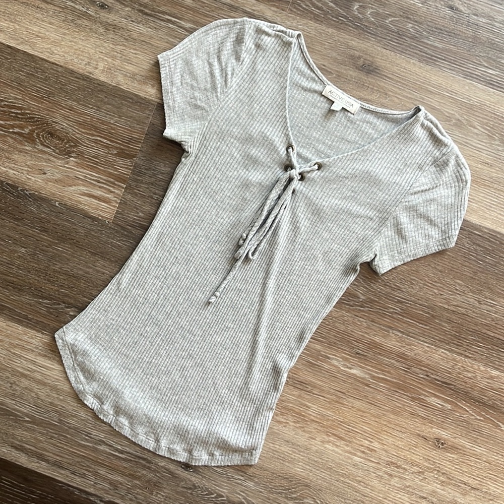 Grey tie lace up front t shirt top